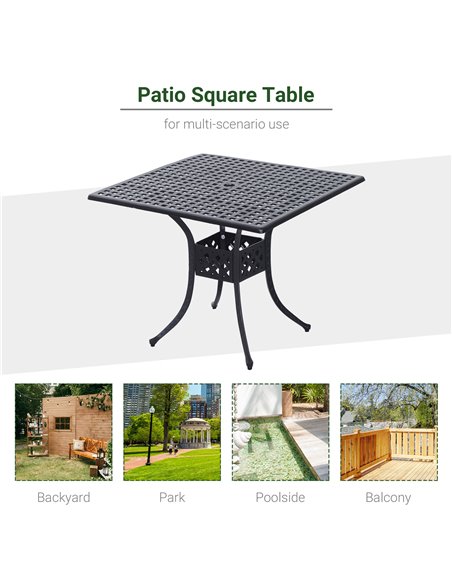Outsunny 90cm Square Garden Table with Umbrella Hole, Aluminium Grid Motif Outdoor Dining Table for Garden Patio, Black 84B-020 - pic 45225 | FastDaddyshop