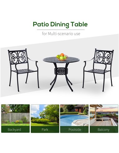 Outsunny 85cm Round Garden Table with Umbrella Hole, Aluminium Grid Motif Outdoor Dining Table for Garden Patio, Black 84B-021