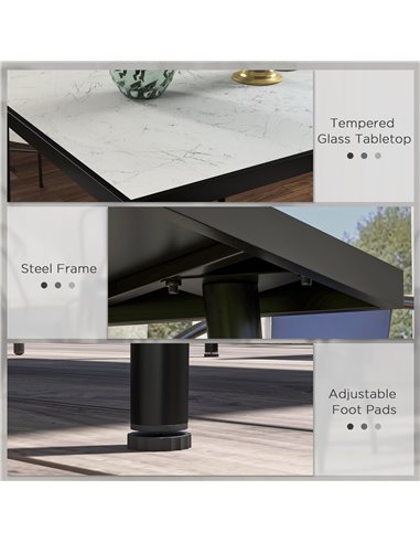 Outsunny Square Garden Table, Outdoor Dining Table for 4 with Marble Effect Tempered Glass Top and Steel Frame for Patio, White 
