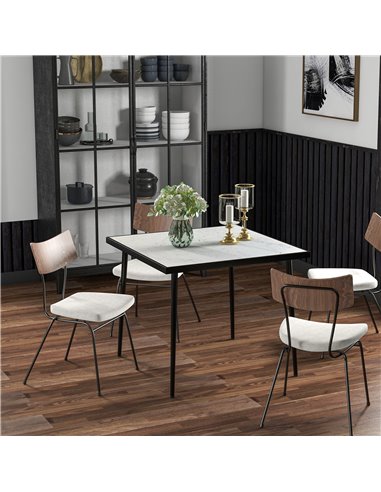 Outsunny Square Garden Table, Outdoor Dining Table for 4 with Marble Effect Tempered Glass Top and Steel Frame for Patio, White 