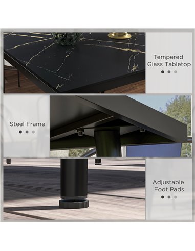 Outsunny Square Garden Table, Outdoor Dining Table for 4 with Marble Effect Tempered Glass Top and Steel Frame for Patio, Black 
