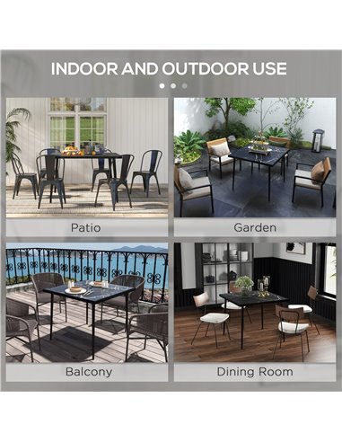 Outsunny Square Garden Table, Outdoor Dining Table for 4 with Marble Effect Tempered Glass Top and Steel Frame for Patio, Black 