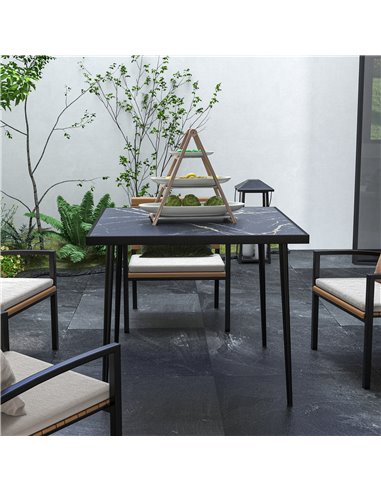 Outsunny Square Garden Table, Outdoor Dining Table for 4 with Marble Effect Tempered Glass Top and Steel Frame for Patio, Black 