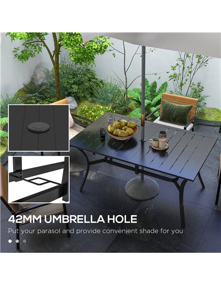 Outsunny Rectangle Garden Dining Table with Parasol Hole, Patio Table with Steel Frame and Slat Tabletop, 150cm x 90cm, Black 84 - pic 45286 | FastDaddyshop