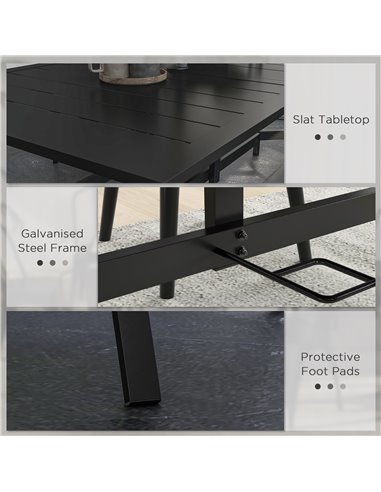 Outsunny Rectangle Garden Dining Table with Parasol Hole, Patio Table with Steel Frame and Slat Tabletop, 150cm x 90cm, Black 84