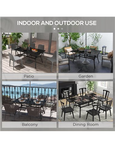 Outsunny Rectangle Garden Dining Table with Parasol Hole, Patio Table with Steel Frame and Slat Tabletop, 150cm x 90cm, Black 84