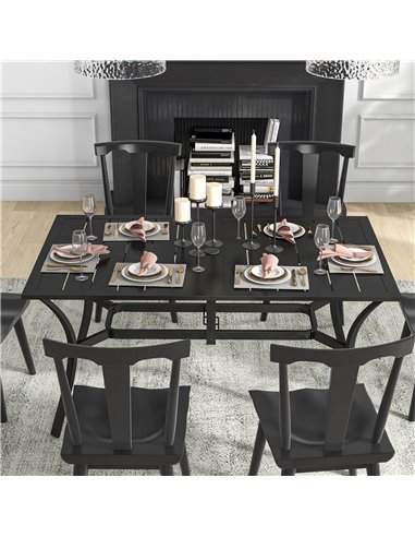 Outsunny Rectangle Garden Dining Table with Parasol Hole, Patio Table with Steel Frame and Slat Tabletop, 150cm x 90cm, Black 84