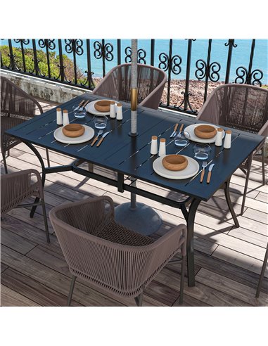 Outsunny Rectangle Garden Dining Table with Parasol Hole, Patio Table with Steel Frame and Slat Tabletop, 150cm x 90cm, Black 84