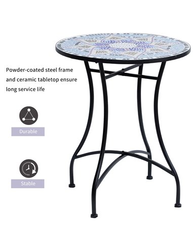 Outsunny Outdoor Mosaic Round Garden Table, Patio Bistro Coffee Side Table with 60cm Ceramic Top for Garden, Blue and White 84B-
