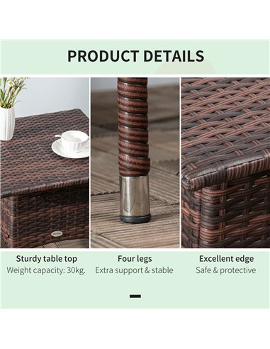 Outsunny Outdoor Rattan Side Table Coffee Table with Plastic Board, Full Woven Table Top for Patio, Garden, Balcony, Mixed Brown
