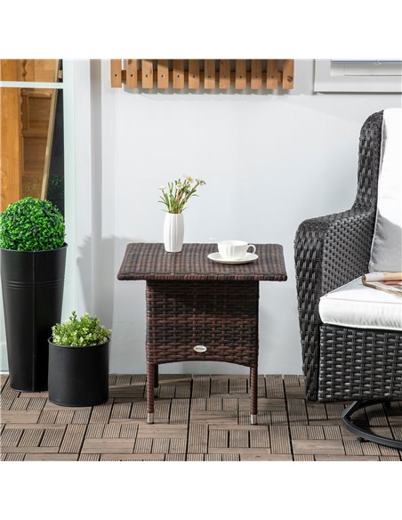 Outsunny Outdoor Rattan Side Table Coffee Table with Plastic Board, Full Woven Table Top for Patio, Garden, Balcony, Mixed Brown - pic 45334 | FastDaddyshop