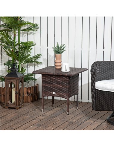 Outsunny Outdoor Rattan Side Table Coffee Table with Plastic Board, Full Woven Table Top for Patio, Garden, Balcony, Mixed Brown