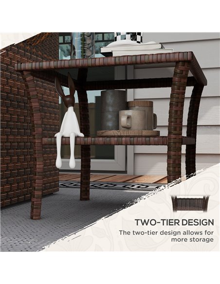 Outsunny 50cm Outdoor PE Rattan Coffee Table, Patio Wicker Two-tier Side Table with Glass Top, for Patio, Garden, Balcony, Brown - pic 45350 | FastDaddyshop