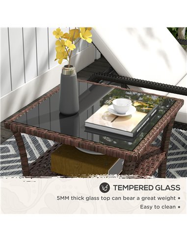 Outsunny 50cm Outdoor PE Rattan Coffee Table, Patio Wicker Two-tier Side Table with Glass Top, for Patio, Garden, Balcony, Brown