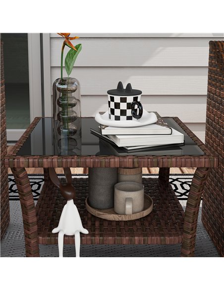Outsunny 50cm Outdoor PE Rattan Coffee Table, Patio Wicker Two-tier Side Table with Glass Top, for Patio, Garden, Balcony, Brown - pic 45353 | FastDaddyshop