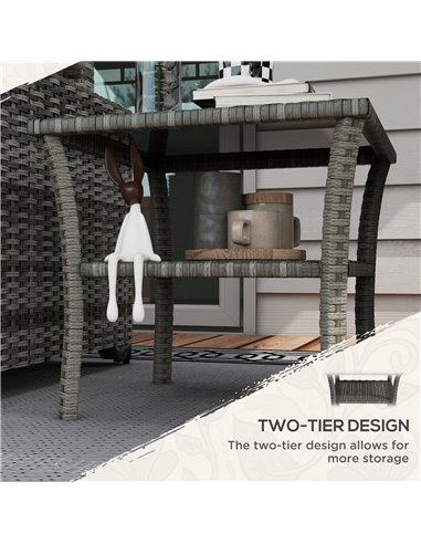 Outsunny 50cm Outdoor PE Rattan Coffee Table, Patio Wicker Two-tier Side Table with Glass Top, for Patio, Garden, Balcony, Grey 