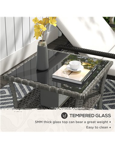 Outsunny 50cm Outdoor PE Rattan Coffee Table, Patio Wicker Two-tier Side Table with Glass Top, for Patio, Garden, Balcony, Grey 