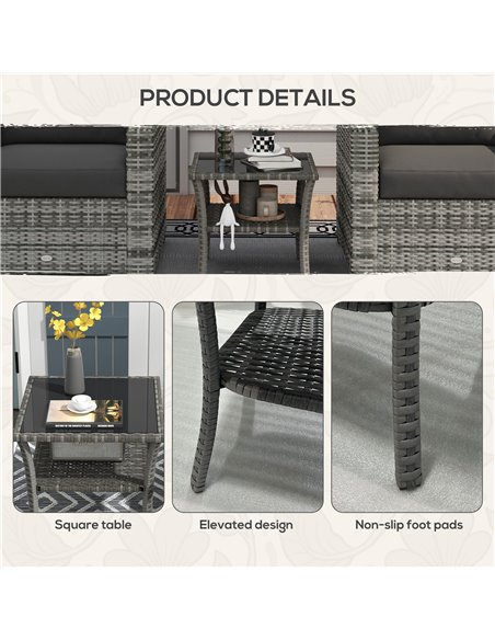 Outsunny 50cm Outdoor PE Rattan Coffee Table, Patio Wicker Two-tier Side Table with Glass Top, for Patio, Garden, Balcony, Grey  - pic 45369 | FastDaddyshop