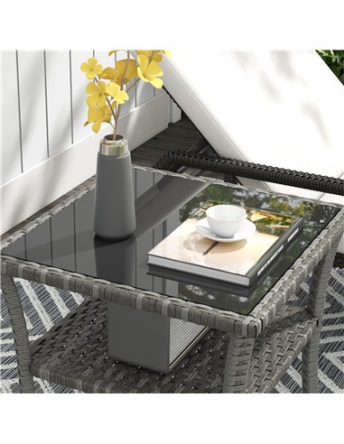 Outsunny 50cm Outdoor PE Rattan Coffee Table, Patio Wicker Two-tier Side Table with Glass Top, for Patio, Garden, Balcony, Grey 