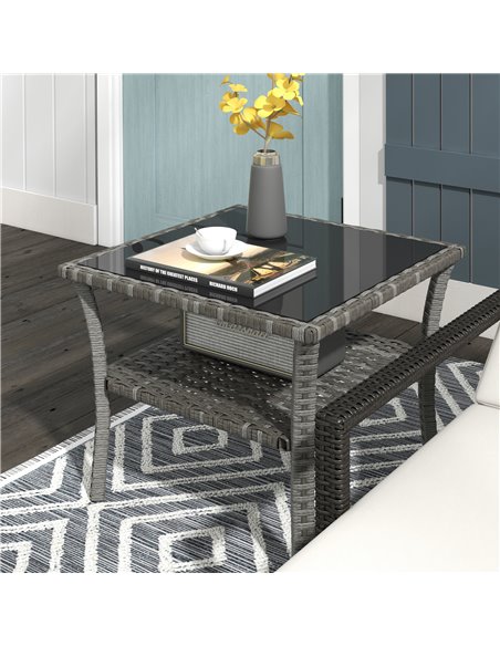 Outsunny 50cm Outdoor PE Rattan Coffee Table, Patio Wicker Two-tier Side Table with Glass Top, for Patio, Garden, Balcony, Grey  - pic 45372 | FastDaddyshop