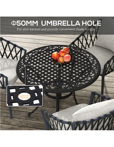 Outsunny Round Garden Table with Parasol Hole, 90cm Cast Aluminium Outdoor Dining Table for 2-4 for Balcony - Black 84G-314V00BK