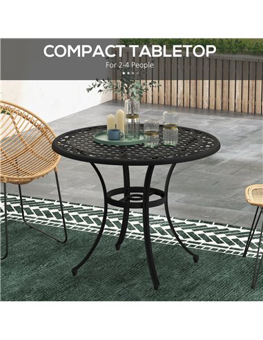 Outsunny Round Garden Table with Parasol Hole, 90cm Cast Aluminium Outdoor Dining Table for 2-4 for Balcony - Black 84G-314V00BK