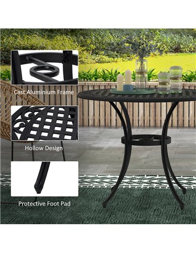 Outsunny Round Garden Table with Parasol Hole, 90cm Cast Aluminium Outdoor Dining Table for 2-4 for Balcony - Black 84G-314V00BK