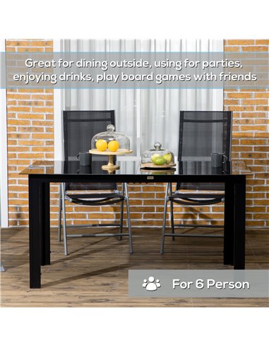 Outsunny Outdoor Dining Table for 6, Aluminium Rectangular Garden Table with Tempered Glass Tabletop for Yard, Deck, Patio, Blac