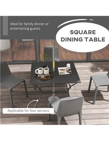 Outsunny 94 * 94 cm Garden Table with Parasol Hole, Outdoor Dining Garden Table for Four with Slatted Metal Plate Top, Dark Grey