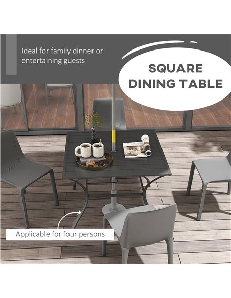 Outsunny 94 * 94 cm Garden Table with Parasol Hole, Outdoor Dining Garden Table for Four with Slatted Metal Plate Top, Dark Grey - pic 45493 | FastDaddyshop
