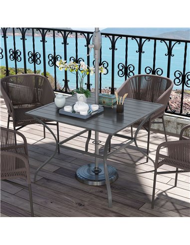 Outsunny 94 * 94 cm Garden Table with Parasol Hole, Outdoor Dining Garden Table for Four with Slatted Metal Plate Top, Dark Grey