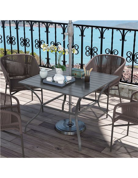 Outsunny 94 * 94 cm Garden Table with Parasol Hole, Outdoor Dining Garden Table for Four with Slatted Metal Plate Top, Dark Grey - pic 45496 | FastDaddyshop