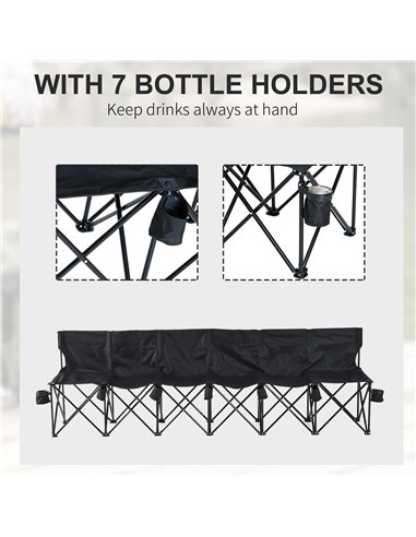 Outsunny 6 Seater Folding Sports Bench Outdoor Picnic Camping Portable Spectator Chair Steel Frame w/Cup Holder & Carry Bag - Bl