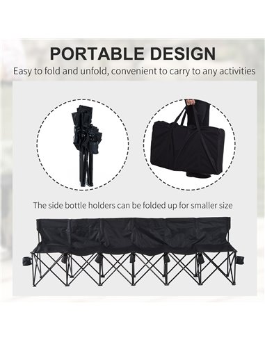 Outsunny 6 Seater Folding Sports Bench Outdoor Picnic Camping Portable Spectator Chair Steel Frame w/Cup Holder & Carry Bag - Bl