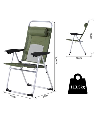 Outsunny Outdoor Garden Folding Chair Patio Armchair 3-Position Adjustable Recliner Reclining Seat with Pillow - Green 84B-399GN