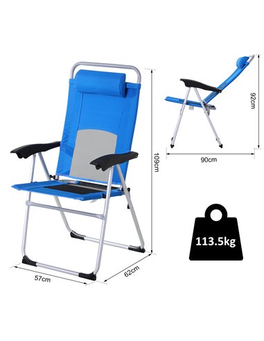 Outsunny Outdoor Garden Folding Chair Patio Armchair 3-Position Adjustable Recliner Reclining Seat with Pillow - Blue 84B-399BU