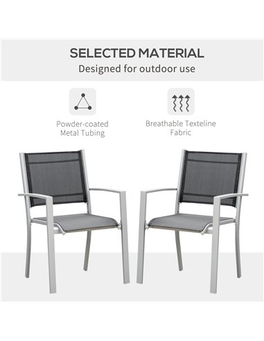 Outsunny Set Of 2 Outdoor Chairs Square Steel Frame Texteline Seats Foot Caps Mesh Boxy Comfortable Easy Clean Black Grey 84B-29