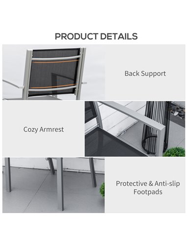 Outsunny Set Of 2 Outdoor Chairs Square Steel Frame Texteline Seats Foot Caps Mesh Boxy Comfortable Easy Clean Black Grey 84B-29