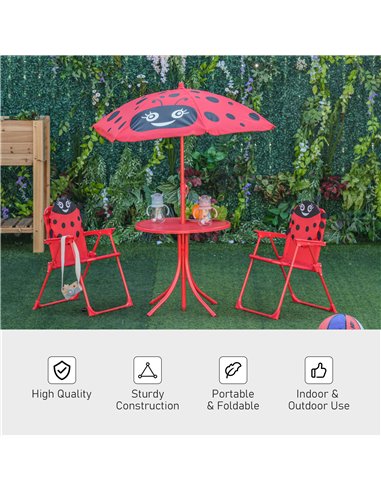 Outsunny Kids Folding Picnic Table and Chairs Set Ladybug Pattern Outdoor w/ Parasol 312-024RD