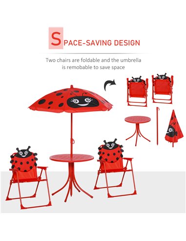 Outsunny Kids Folding Picnic Table and Chairs Set Ladybug Pattern Outdoor w/ Parasol 312-024RD