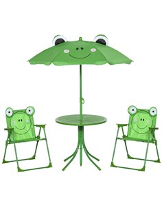 Outsunny Kids Folding Picnic Table and Chair Set Frog Pattern with Removable & Height Adjustable Sun Umbrella, Green 312-024GN