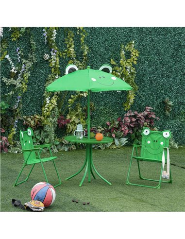 Outsunny Kids Folding Picnic Table and Chair Set Frog Pattern with Removable & Height Adjustable Sun Umbrella, Green 312-024GN