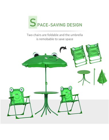 Outsunny Kids Folding Picnic Table and Chair Set Frog Pattern with Removable & Height Adjustable Sun Umbrella, Green 312-024GN