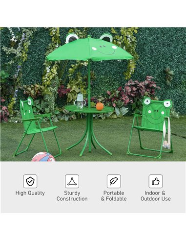 Outsunny Kids Folding Picnic Table and Chair Set Frog Pattern with Removable & Height Adjustable Sun Umbrella, Green 312-024GN