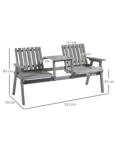 Outsunny 2-Seater Furniture Wooden Garden Bench Antique Loveseat Chair, Table Conversation Set for Yard, Lawn, Porch, Patio, Gre