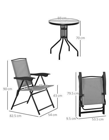 Outsunny 3 Piece Patio Furniture Bistro Set 2 Folding Chairs 1 Tempered Glass Table  Adjustable Backrest - Grey 84B-225GY