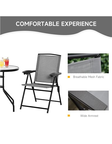 Outsunny 3 Piece Patio Furniture Bistro Set 2 Folding Chairs 1 Tempered Glass Table  Adjustable Backrest - Grey 84B-225GY