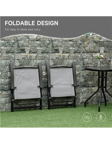 Outsunny 3 Piece Patio Furniture Bistro Set 2 Folding Chairs 1 Tempered Glass Table  Adjustable Backrest - Grey 84B-225GY