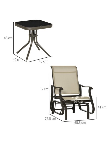 Outsunny Set of 3 Gliding Chair & Tea Table Set, Outdoor Rocker Set with 2 Armchairs, Tempered Glass Tabletop, Khaki 84B-964KK - pic 45780 | FastDaddyshop