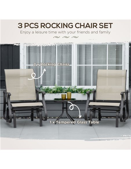 Outsunny Set of 3 Gliding Chair & Tea Table Set, Outdoor Rocker Set with 2 Armchairs, Tempered Glass Tabletop, Khaki 84B-964KK - pic 45781 | FastDaddyshop